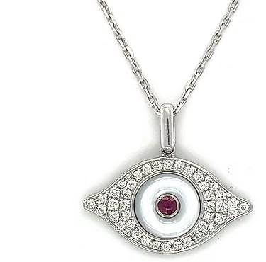 Evil Eye Ruby & White Diamond & White Pearl 18K White Gold Pendant Necklace
