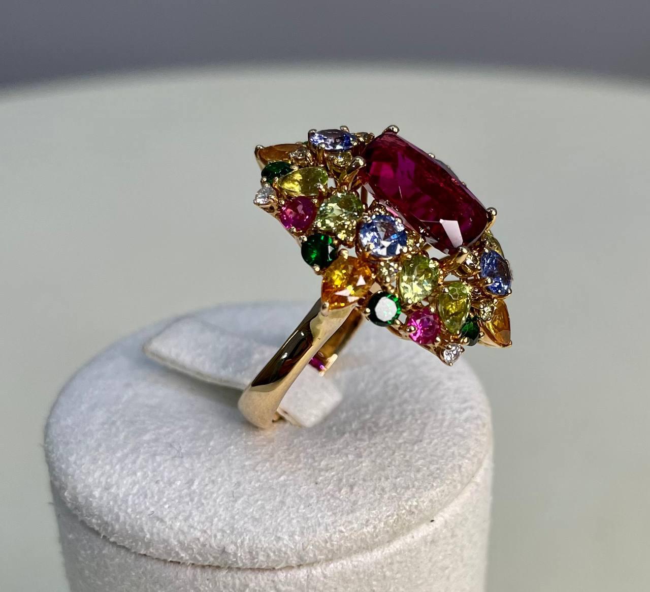 Multi Color Rainbow Ruby Sapphires Garnets Diamonds 18K Rose Gold Statement Ring