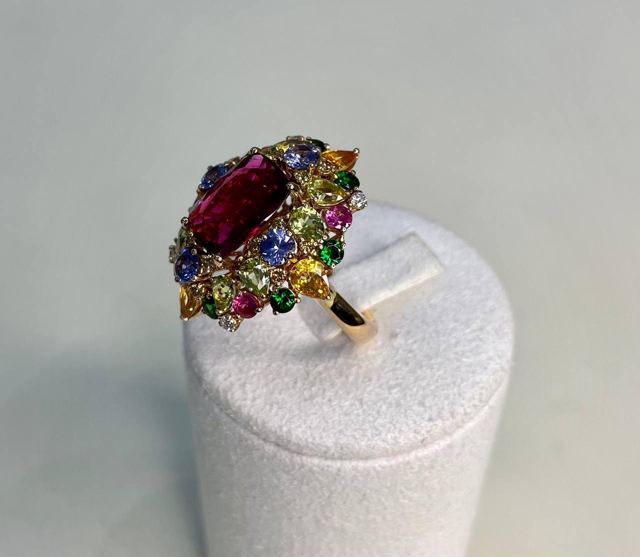 Multi Color Rainbow Ruby Sapphires Garnets Diamonds 18K Rose Gold Statement Ring