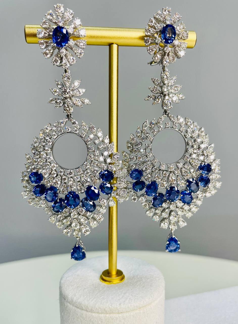 Fancy Shape Blue Sapphire White Diamond 18 Karat White Gold Statement Earrings