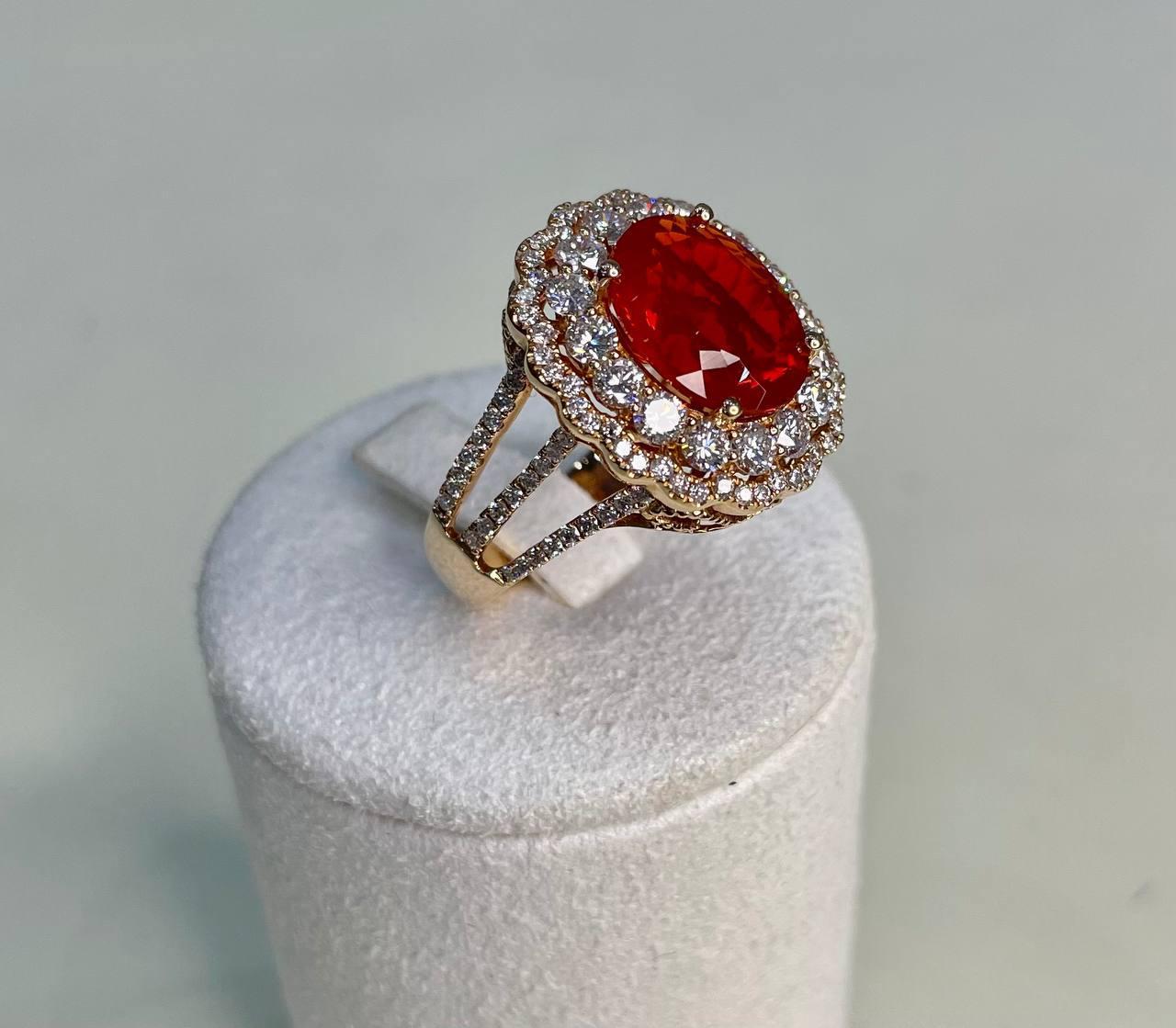 Fire Opal Oval Shape Cut Diamond Halo 14 Karat Rose Gold Statement Classic Ring