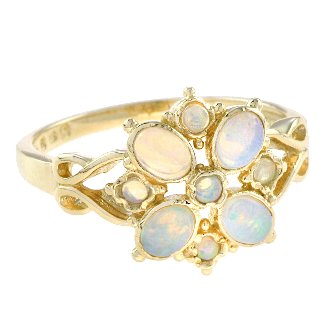 Spring Bloom Pure White Opal Floral Flower Vintage Style 14K Yellow Gold Ring