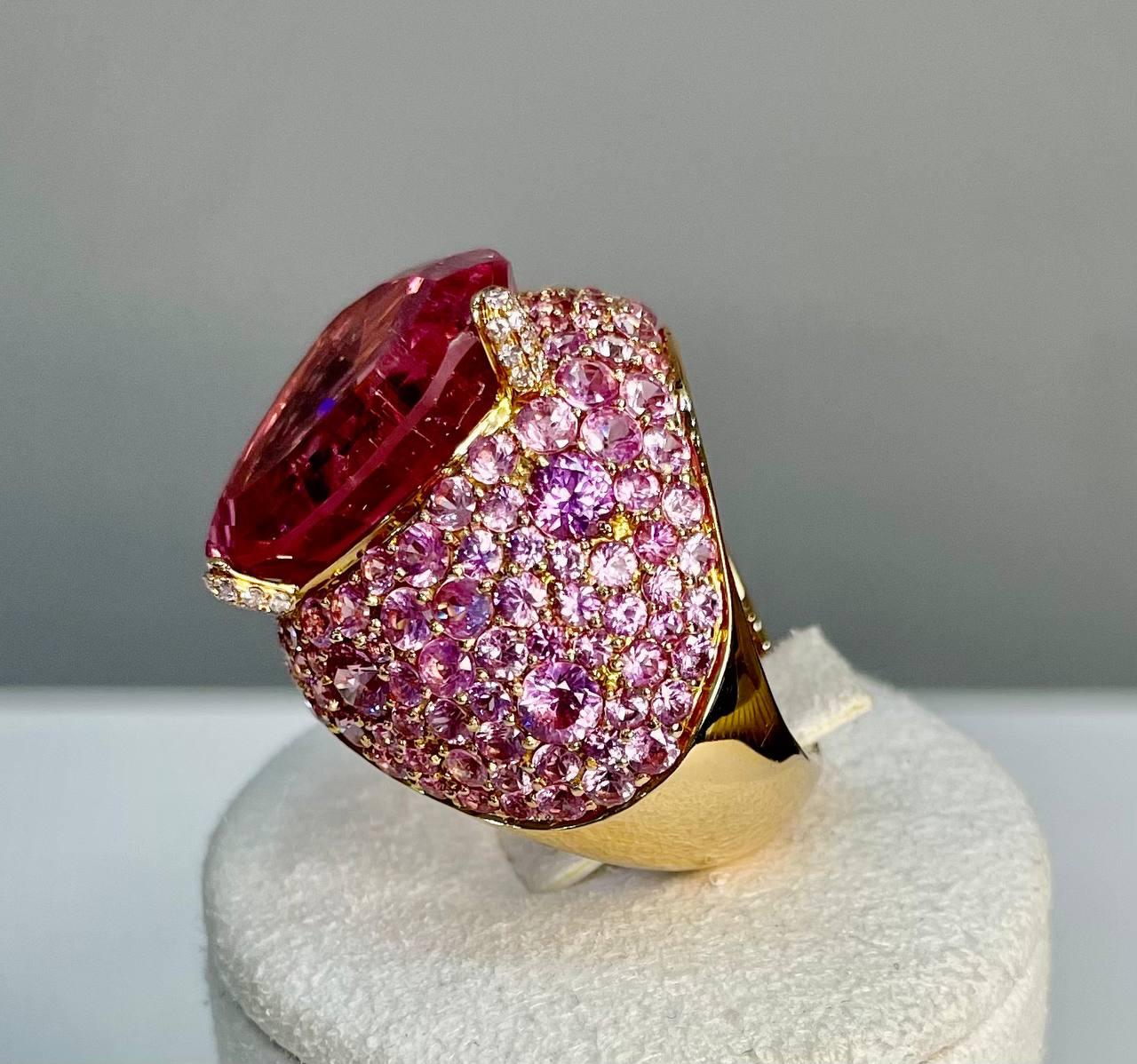 Pink Tourmaline Rubellite Pink Sapphire Diamond Pave 18K Rose Gold Unique Ring