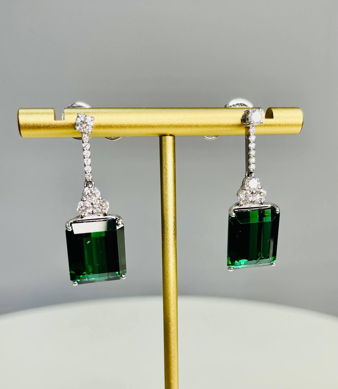 Emerald Cut Shape Green Tourmaline White Diamond 18K White Gold Drop Earrings