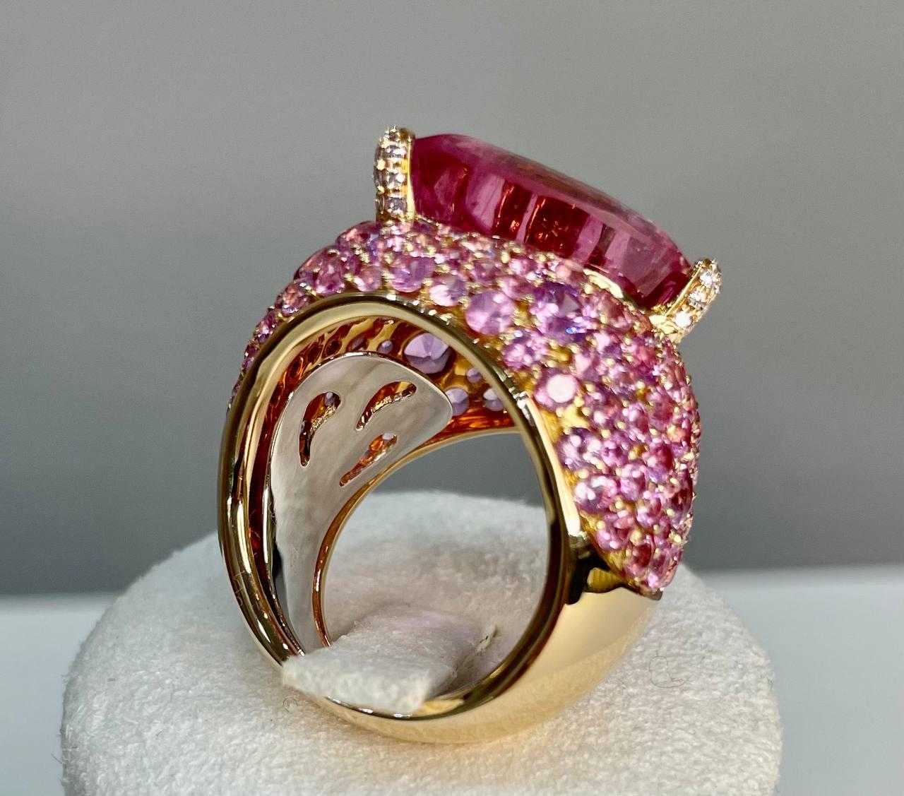 Pink Tourmaline Rubellite Pink Sapphire Diamond Pave 18K Rose Gold Unique Ring