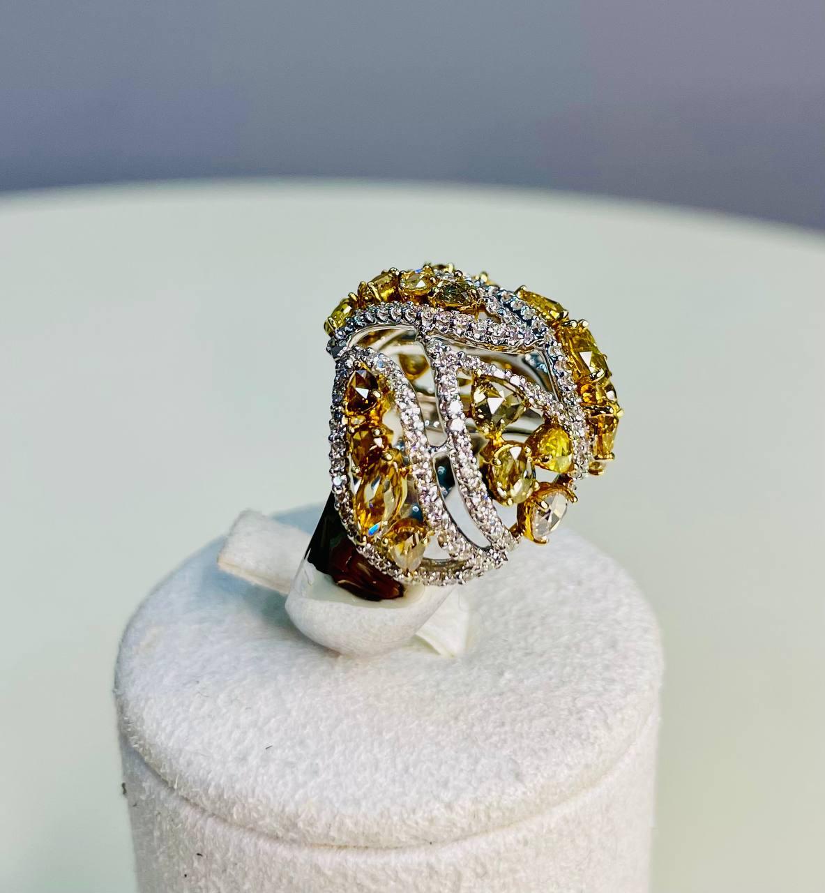 Fancy Cut Shape Yellow Sapphire White Diamond 18 Karat White Gold Statement Ring