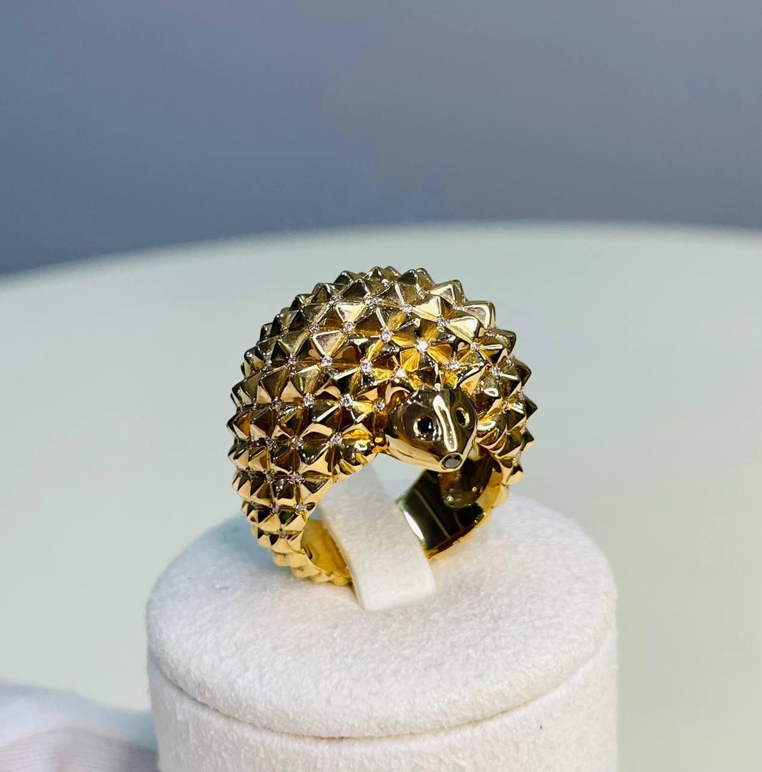 Hedgehog Spikey Emerald Eyes 18K Gold Statement Unique Cute Animal Ring