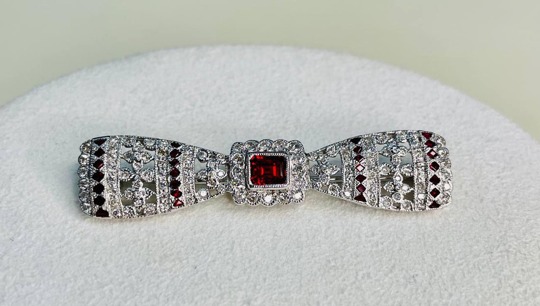 Emerald Cut Red Ruby White Diamond Filigree 18 Karat White Gold Brooch Pin