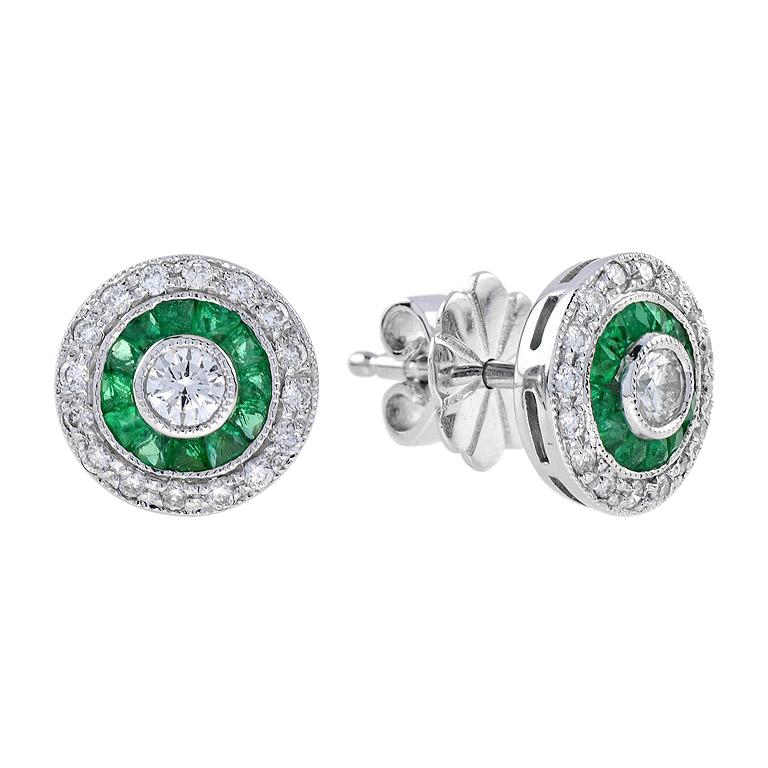 Round Diamond & Green Emerald Invisible Set Double Halo Stud White Gold Earrings