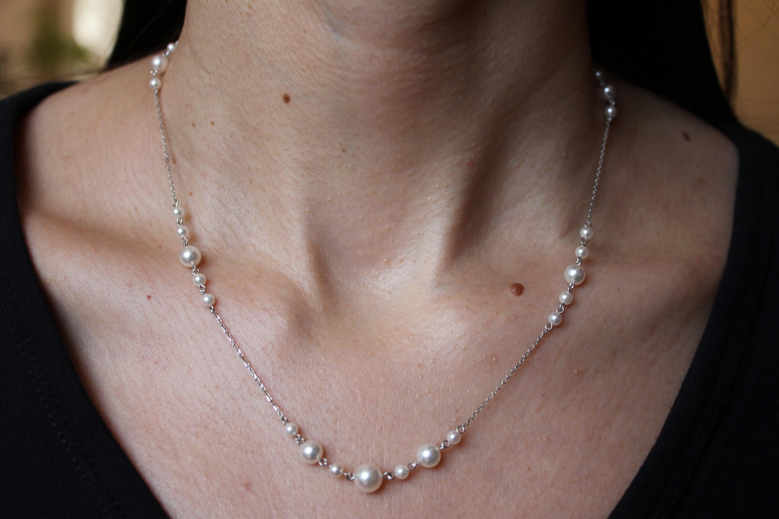 14 Karat White Gold White Silver Akoya Pearl Bead Layer Dainty Classic Beautiful