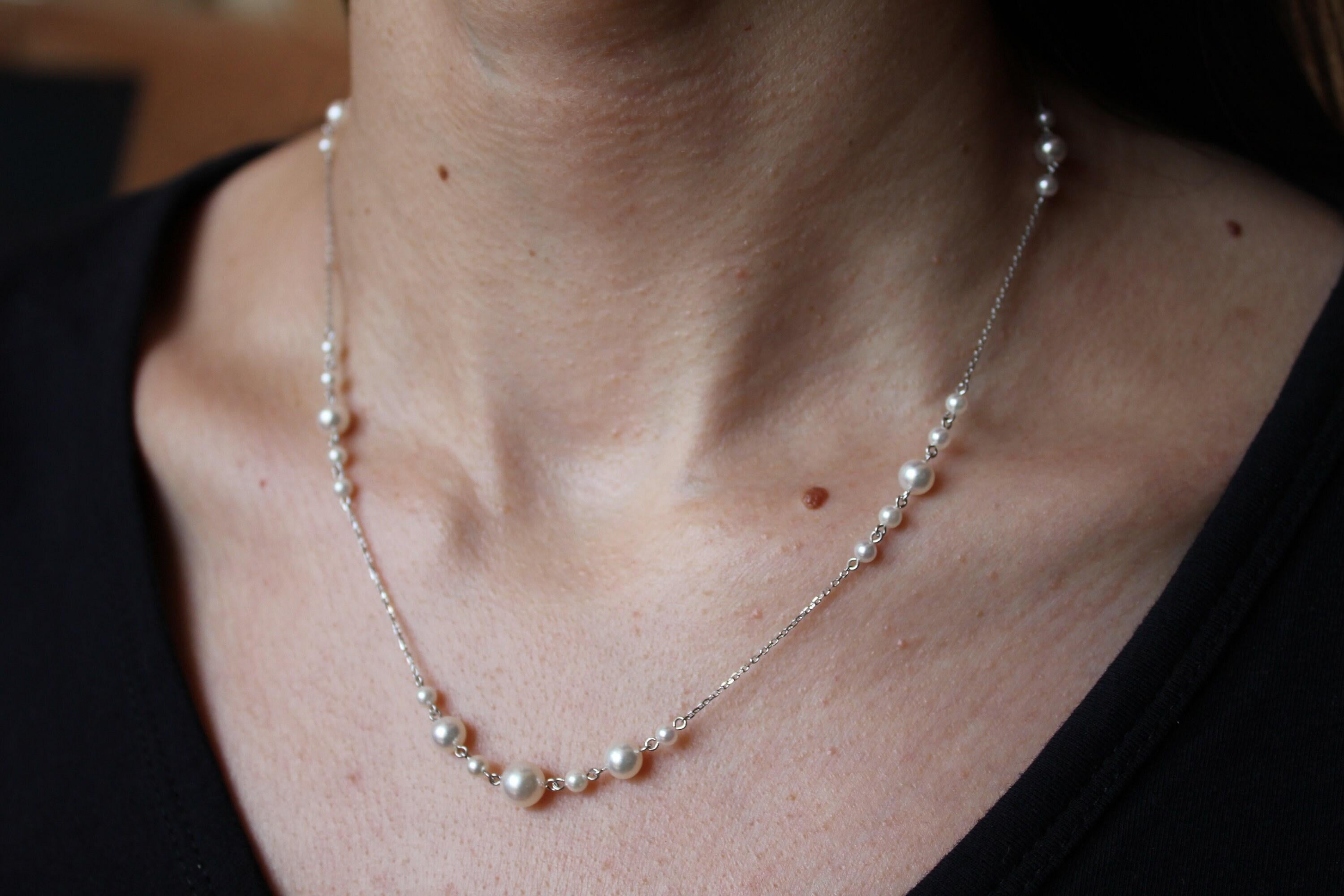 14 Karat White Gold White Silver Akoya Pearl Bead Layer Dainty Classic Beautiful