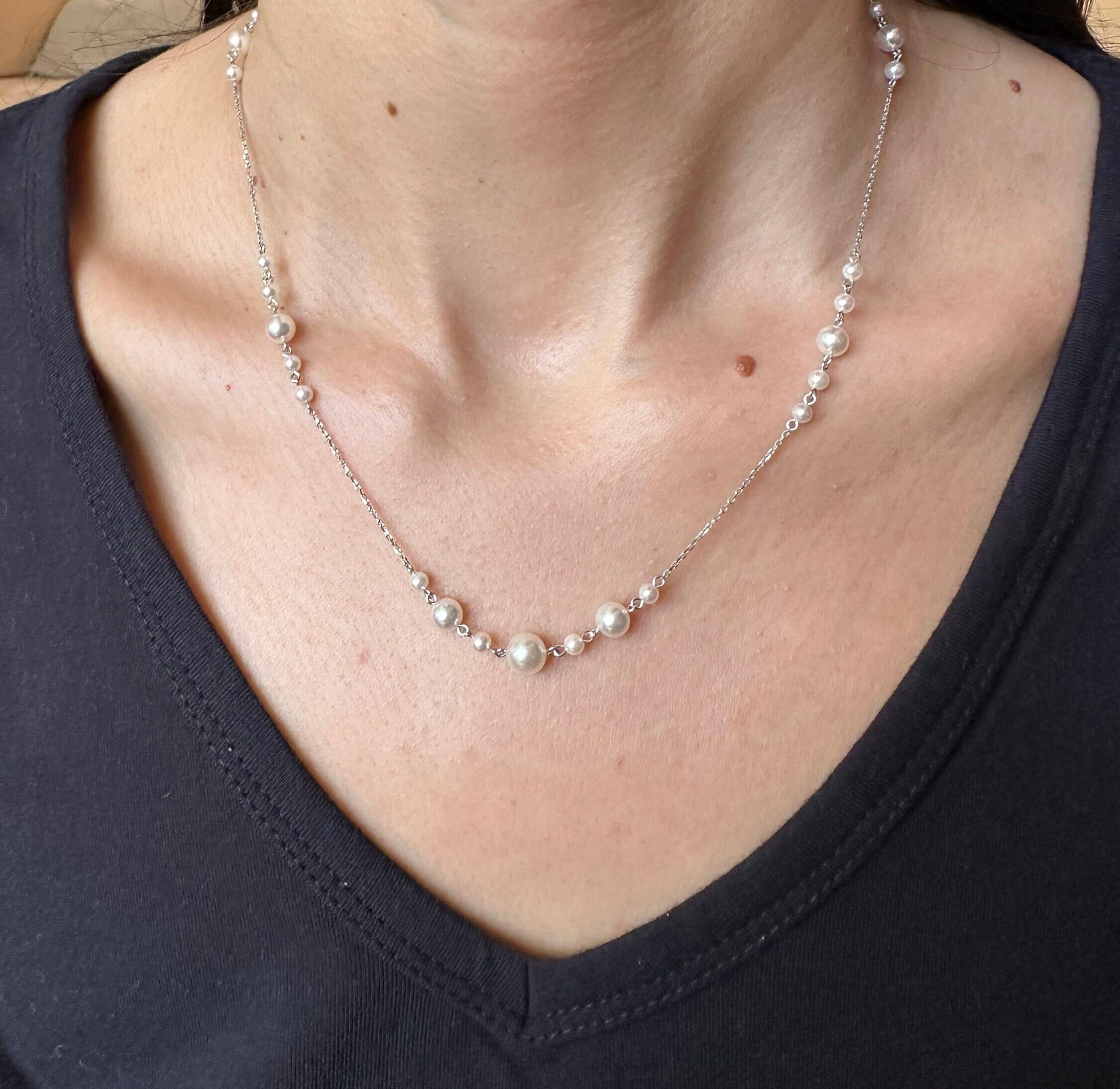 14 Karat White Gold White Silver Akoya Pearl Bead Layer Dainty Classic Beautiful