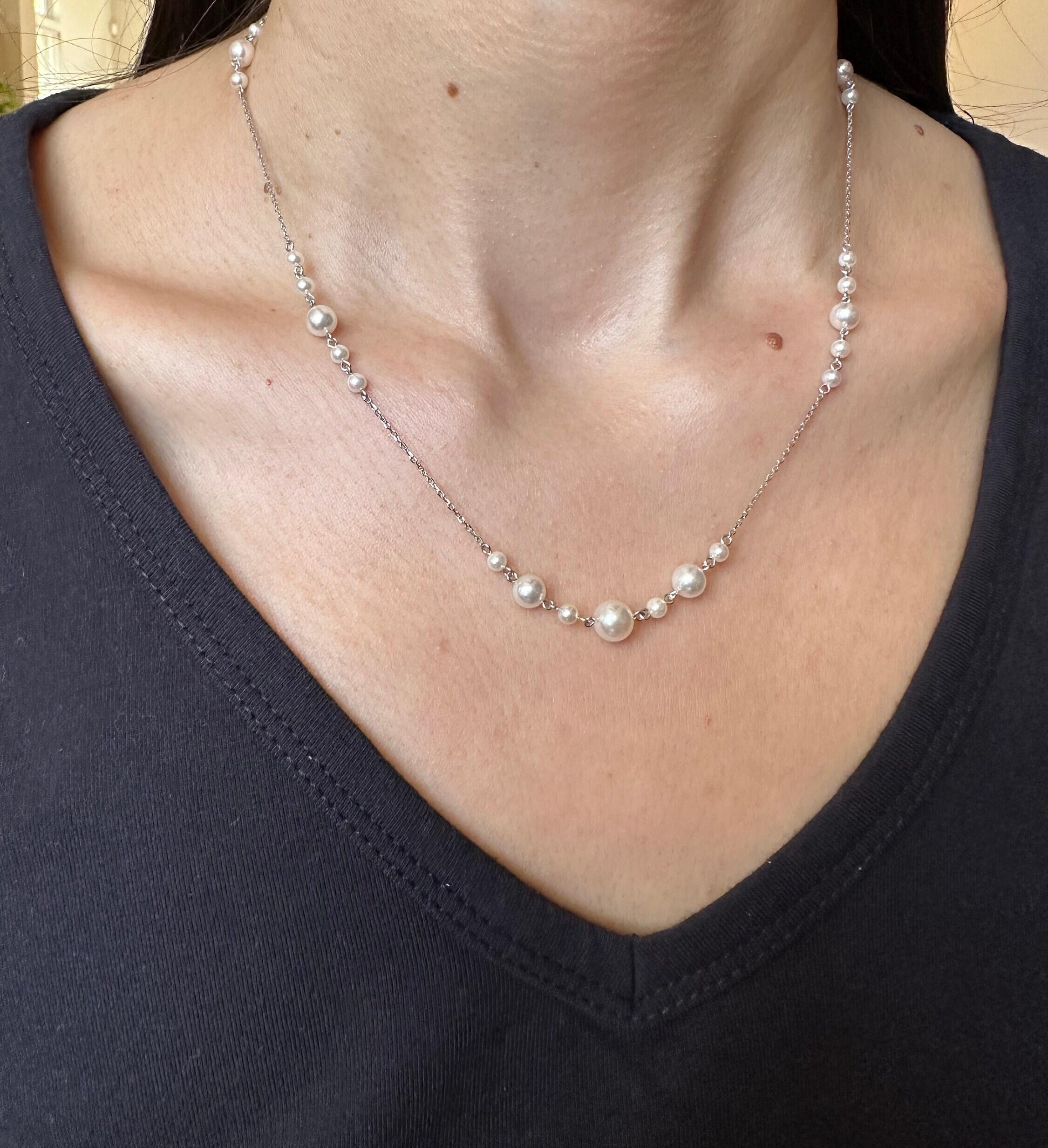 14 Karat White Gold White Silver Akoya Pearl Bead Layer Dainty Classic Beautiful
