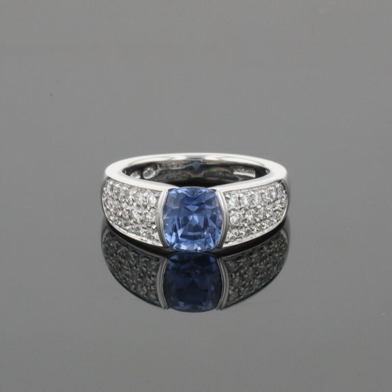 Boucheron Cushion Blue Sapphire & Diamonds Pave Set 18K White Gold Ring