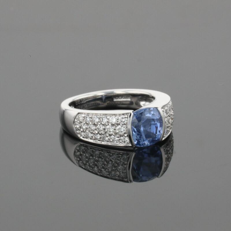 Boucheron Cushion Blue Sapphire & Diamonds Pave Set 18K White Gold Ring