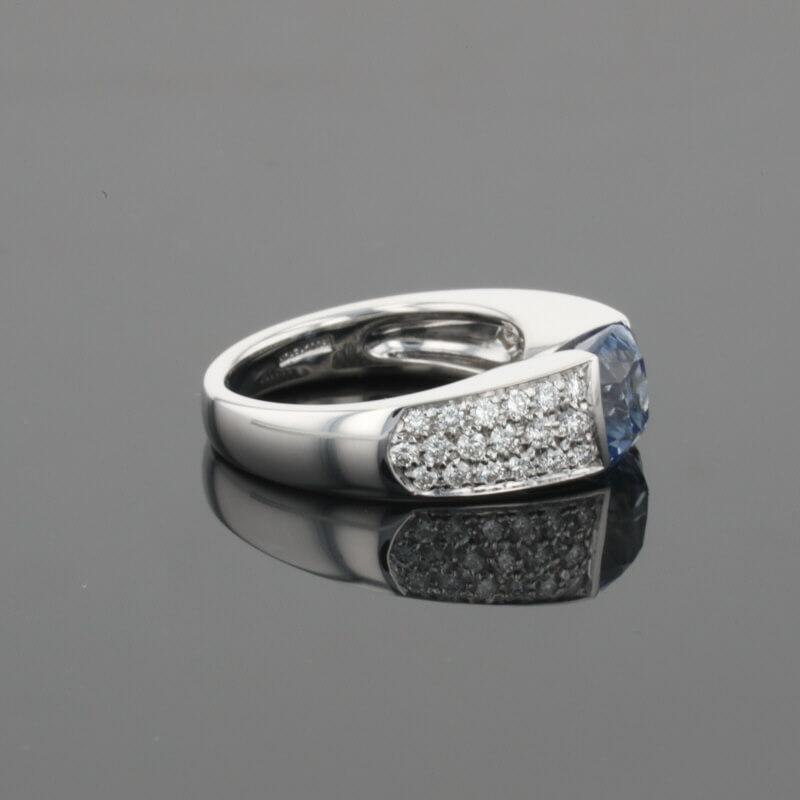 Boucheron Cushion Blue Sapphire & Diamonds Pave Set 18K White Gold Ring