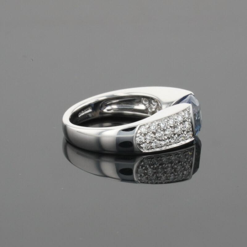 Boucheron Cushion Blue Sapphire & Diamonds Pave Set 18K White Gold Ring