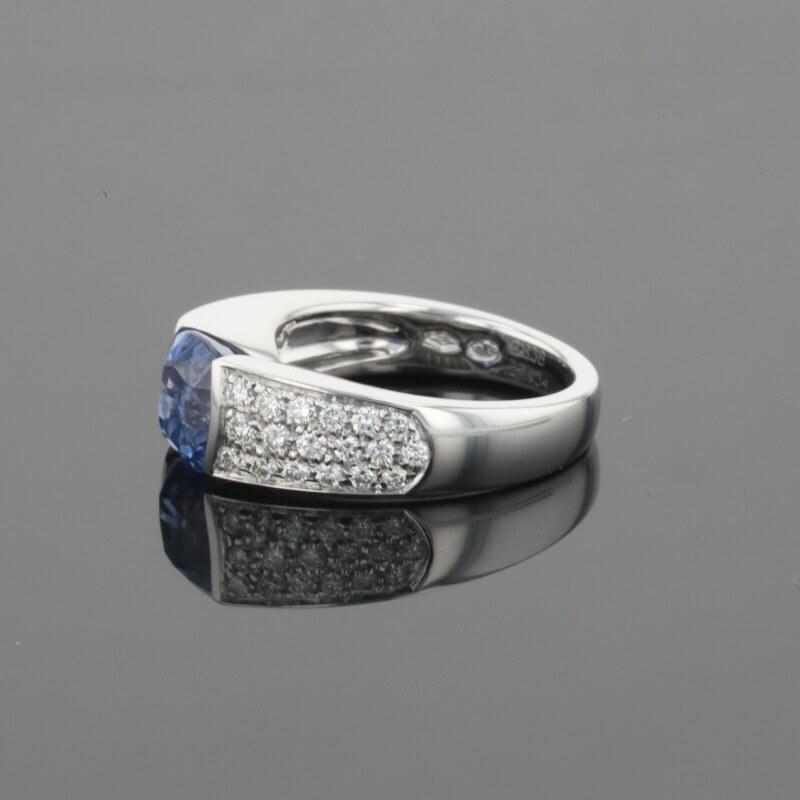 Boucheron Cushion Blue Sapphire & Diamonds Pave Set 18K White Gold Ring
