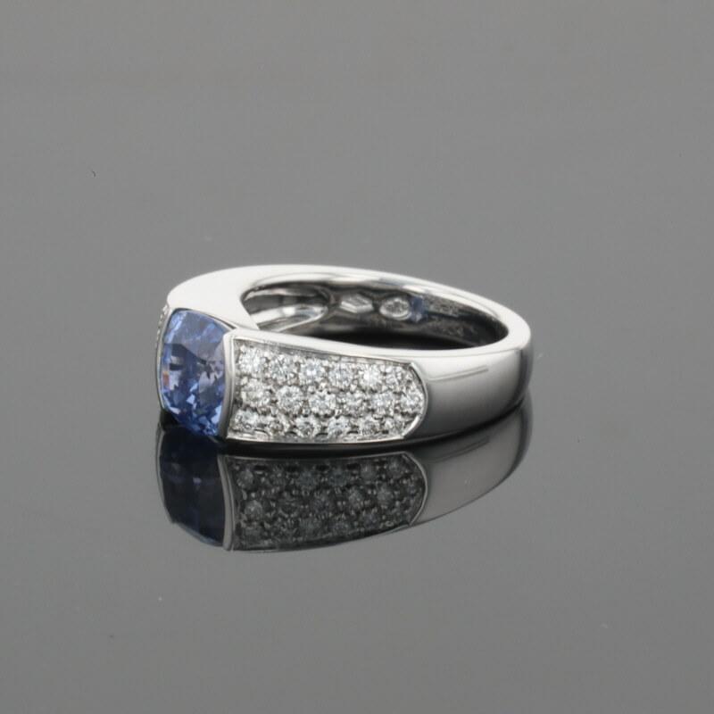Boucheron Cushion Blue Sapphire & Diamonds Pave Set 18K White Gold Ring