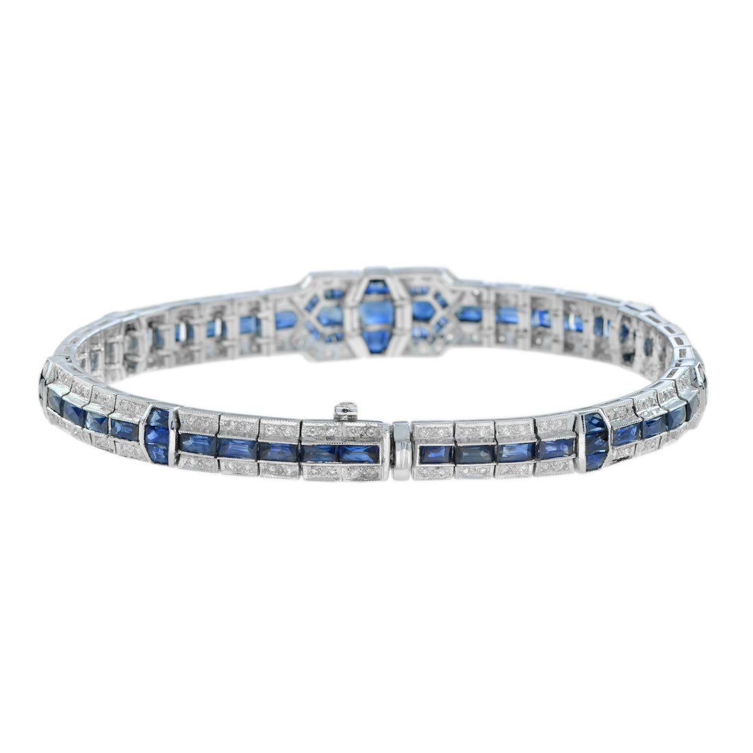Art Deco Style Blue Sapphire &  Diamond Tennis Unique 18K White Gold Bracelet