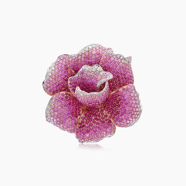 Pink Sapphire Ruby & Diamond Lilly Flower 18K Rose Gold Floral Design Ring