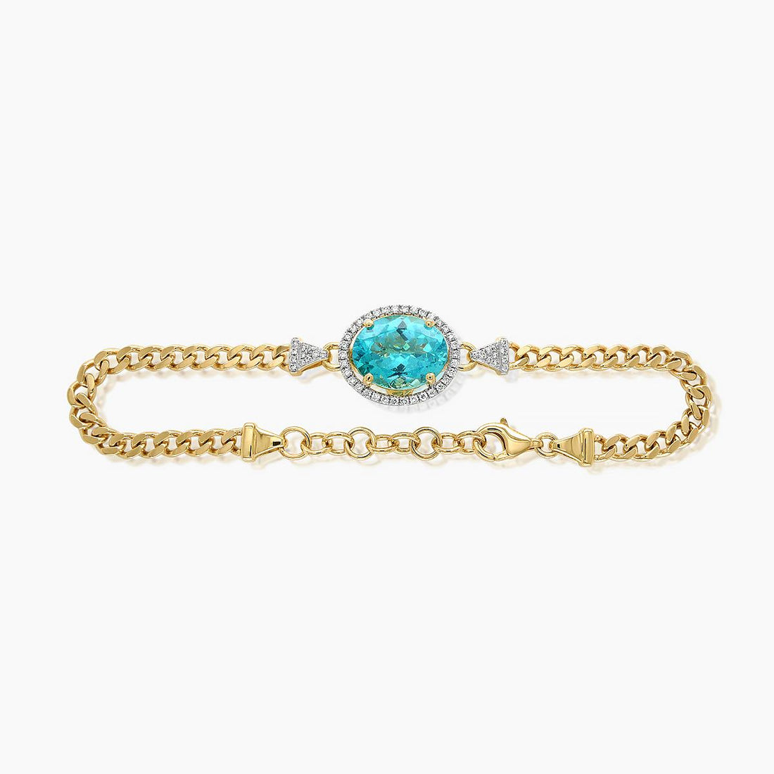 Neon Blue Apatite & White Diamond 18K Yellow Gold Oval Shape Charm Bracelet