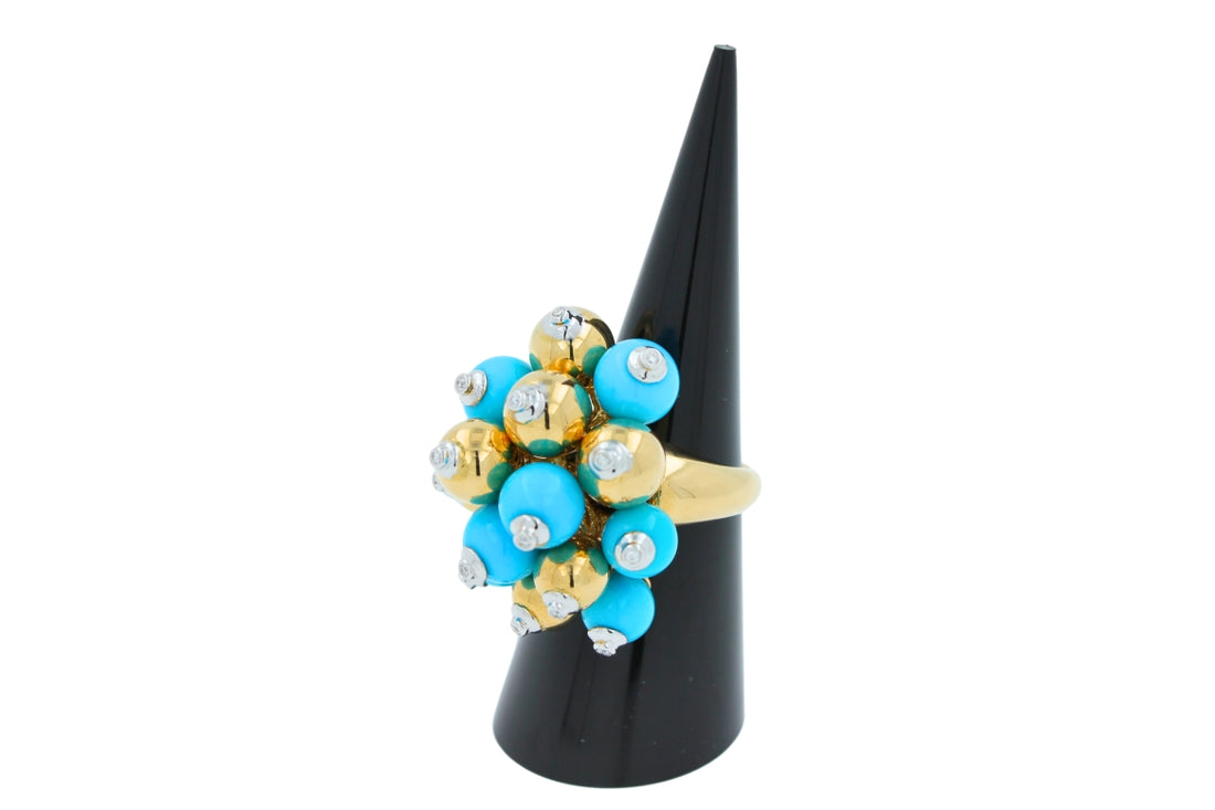 Blue Turquoise Diamonds Golden Spheres Balls Christmas Bells Motif 18K Gold Ring