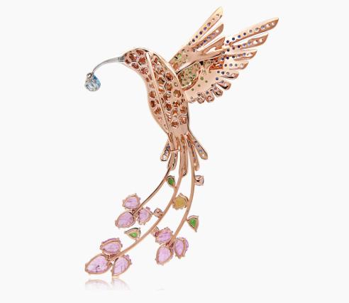 Multicolor Sapphire & Gemstone & Diamond Pave Hummingbird Rose Gold Pin Brooch