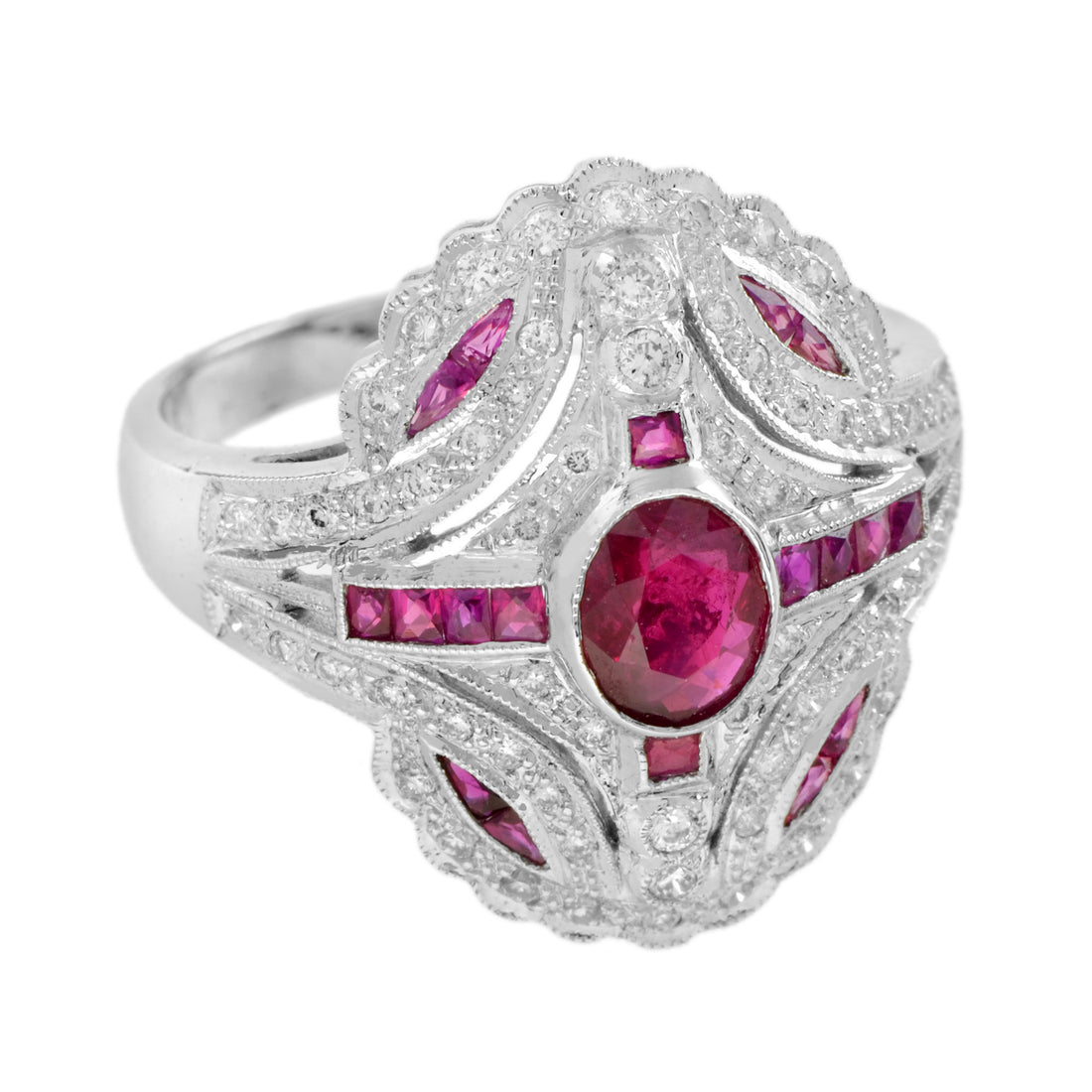 Art Deco Style Pink Red Ruby & Diamond 18K White Gold Shield Ring