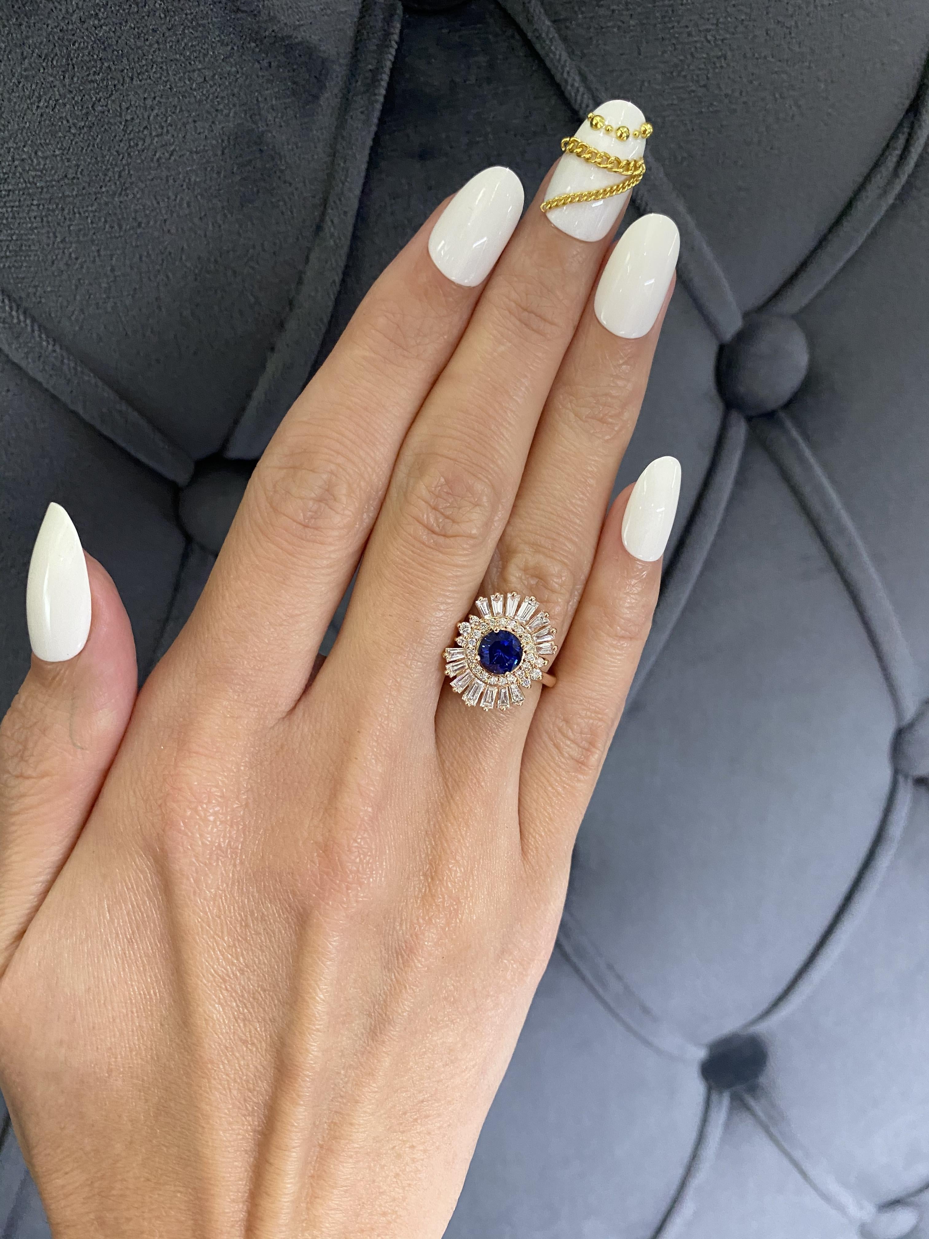 Art Deco Style Blue Round Sapphire Baguette Diamond Halo 18k Rose Gold Ring