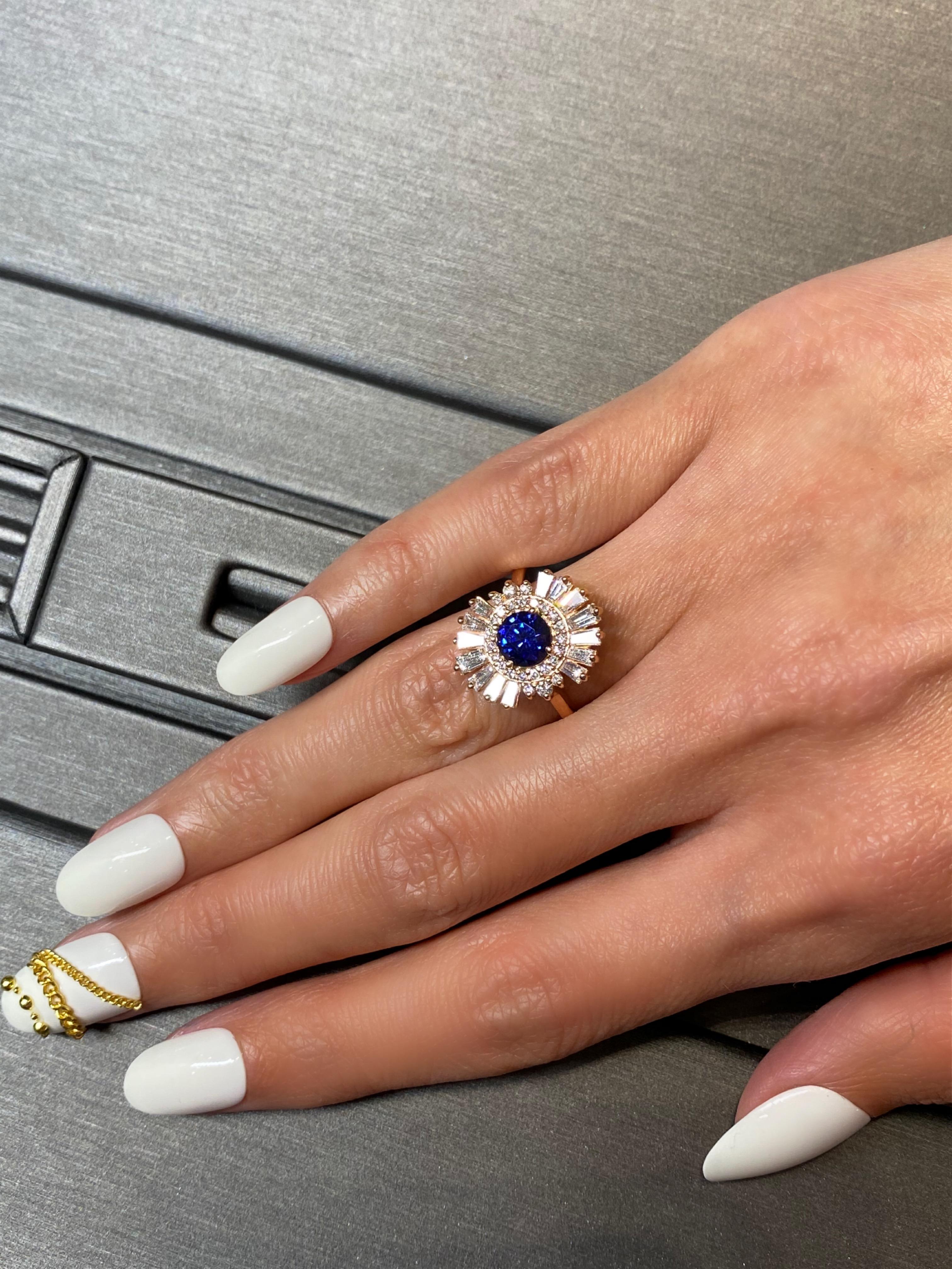 Art Deco Style Blue Round Sapphire Baguette Diamond Halo 18k Rose Gold Ring