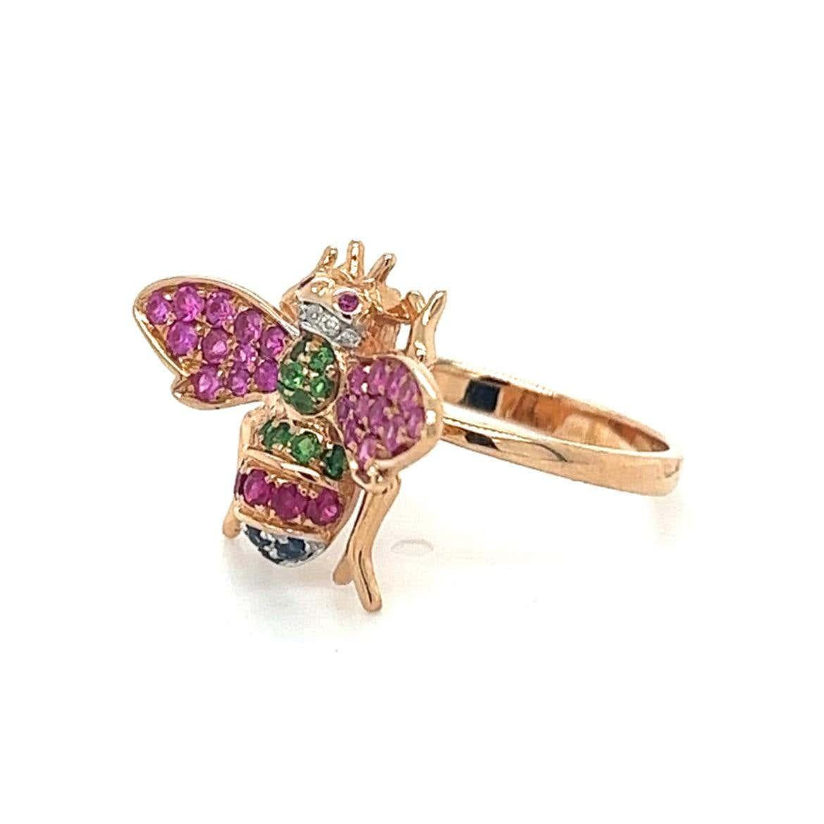 Pink Sapphire & Gemstone & Diamond Pave Bee 18K Rose Gold Animal Ring