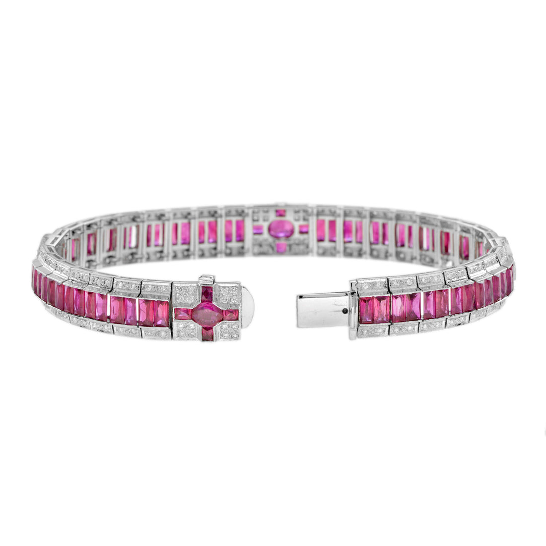 Art Deco Style Inspired Pink Red Ruby & Diamond 18K White Gold Line Bracelet