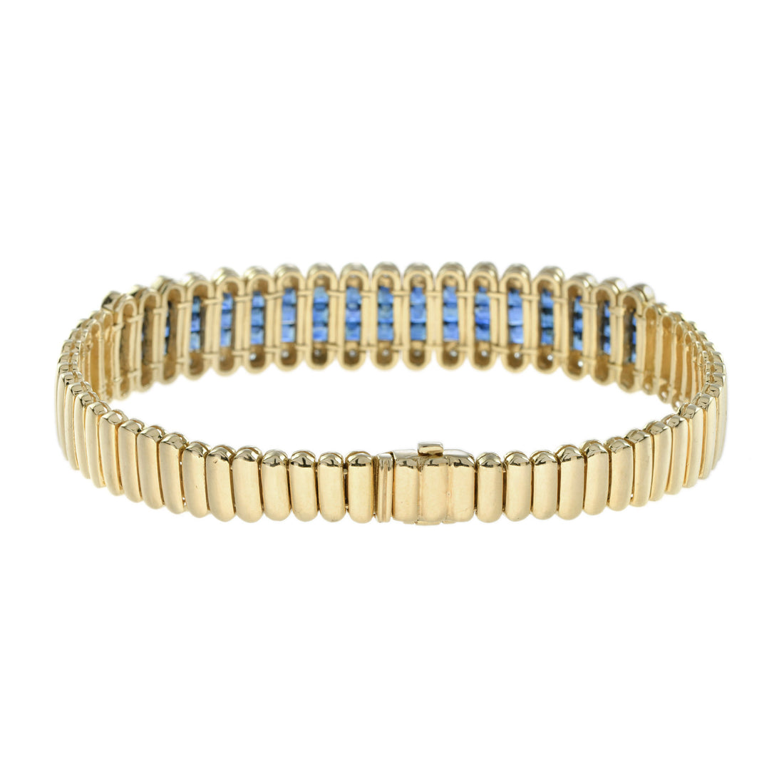 French Cut Blue Sapphire & Diamond 18K Yellow Gold Unique Bracelet