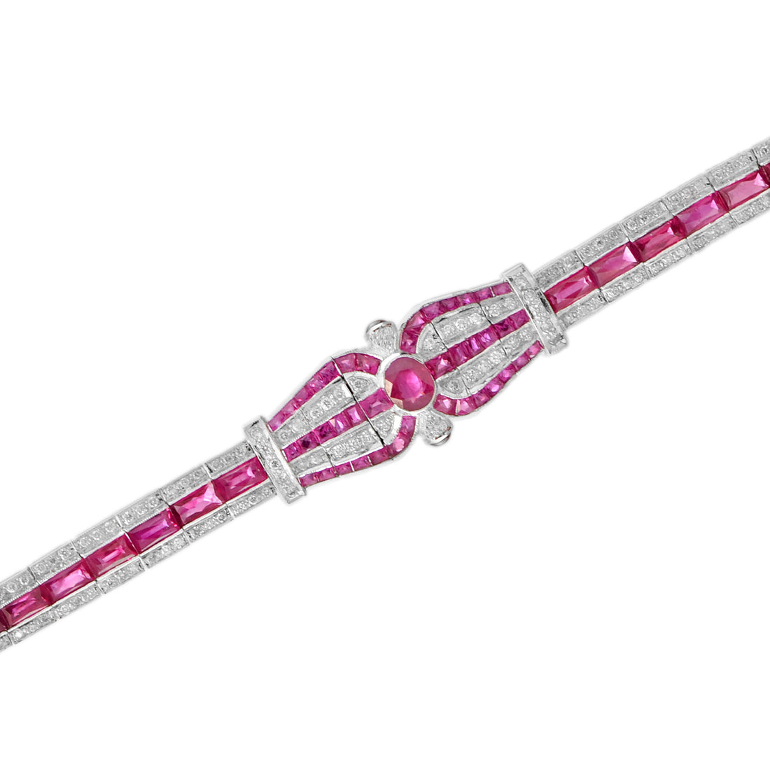 Art Deco Inspired Style Pink Red Ruby & Diamond Unique 18K White Gold Bracelet