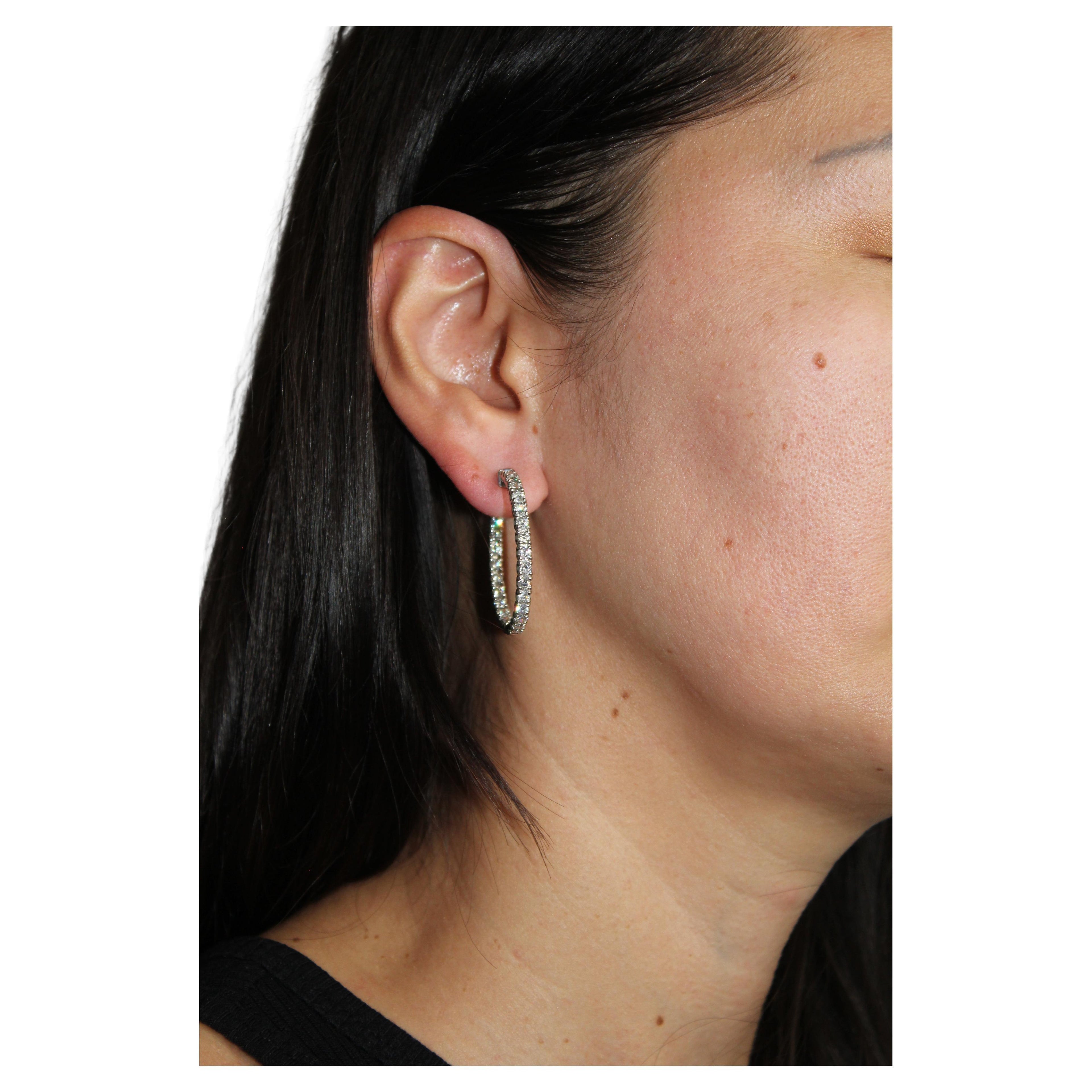 3 Carat Diamond Hoop 14 Karat White Gold Classic Medium Four Carat Earrings