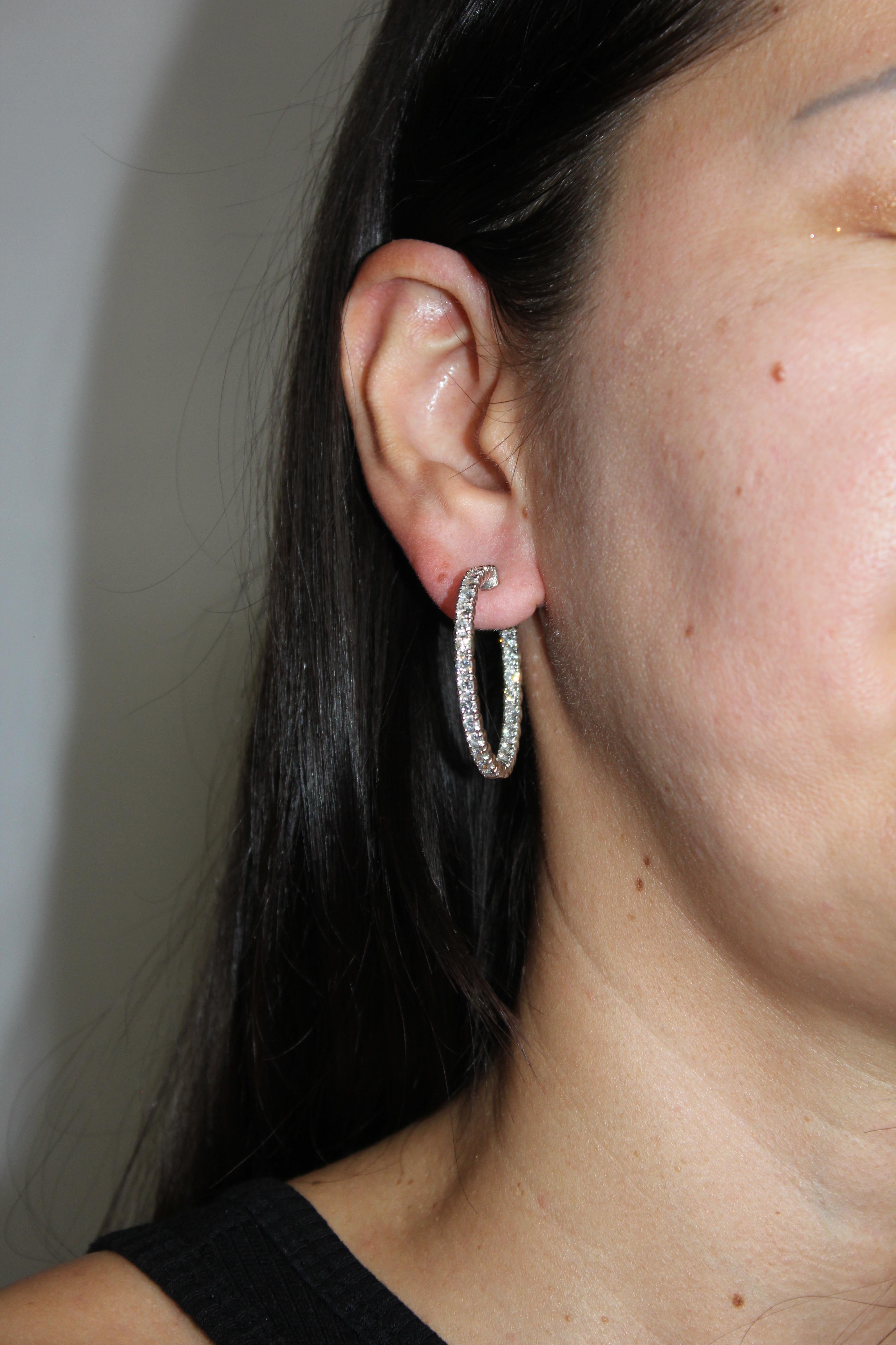 3 Carat Diamond Hoop 14 Karat White Gold Classic Medium Four Carat Earrings