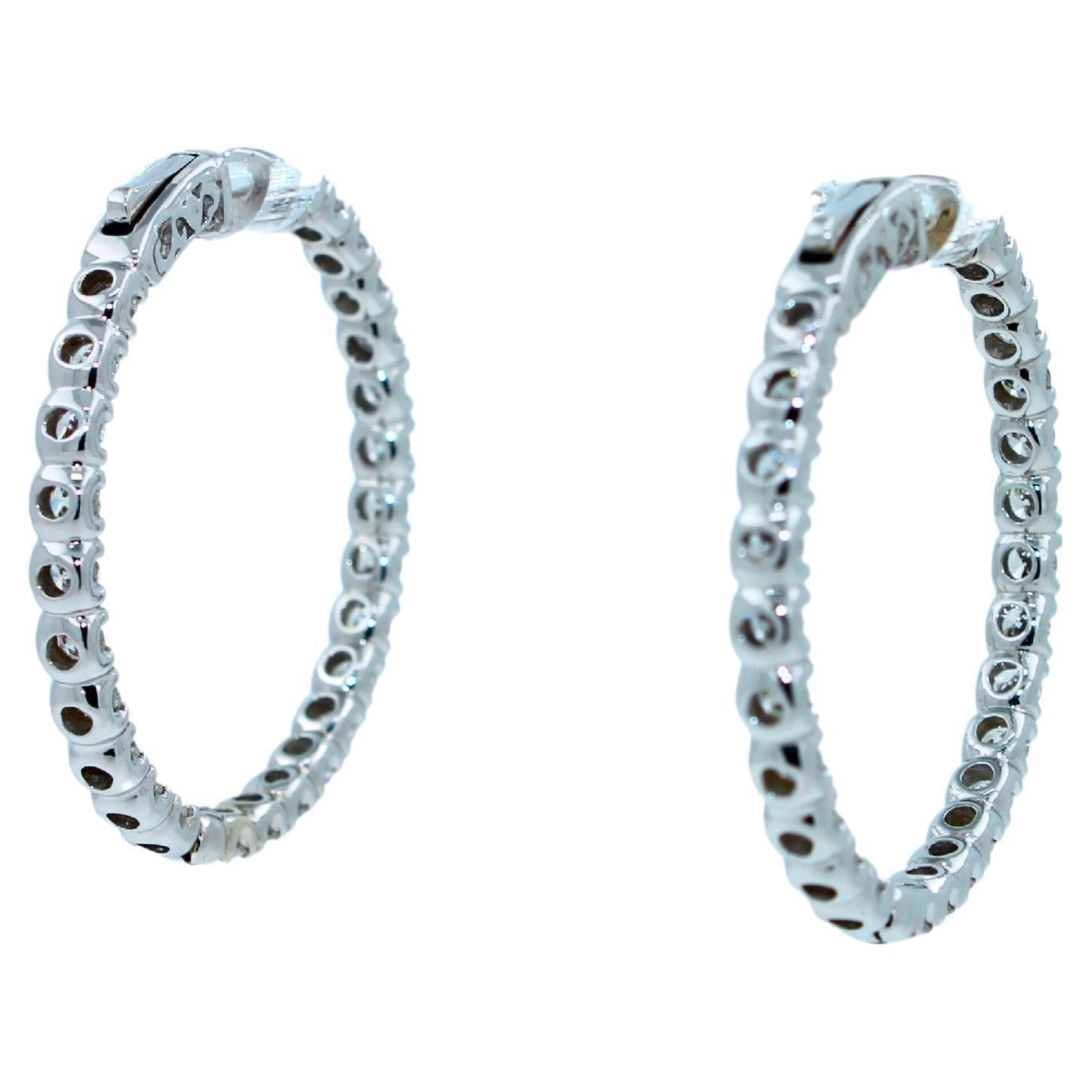 3 Carat Diamond Hoop 14 Karat White Gold Classic Medium Four Carat Earrings