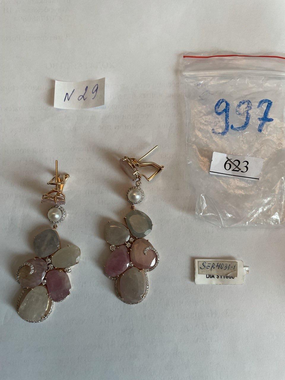 Fancy Cut Colored Sapphires Slice Pearl Diamond 18K Rose Gold Statement Earrings