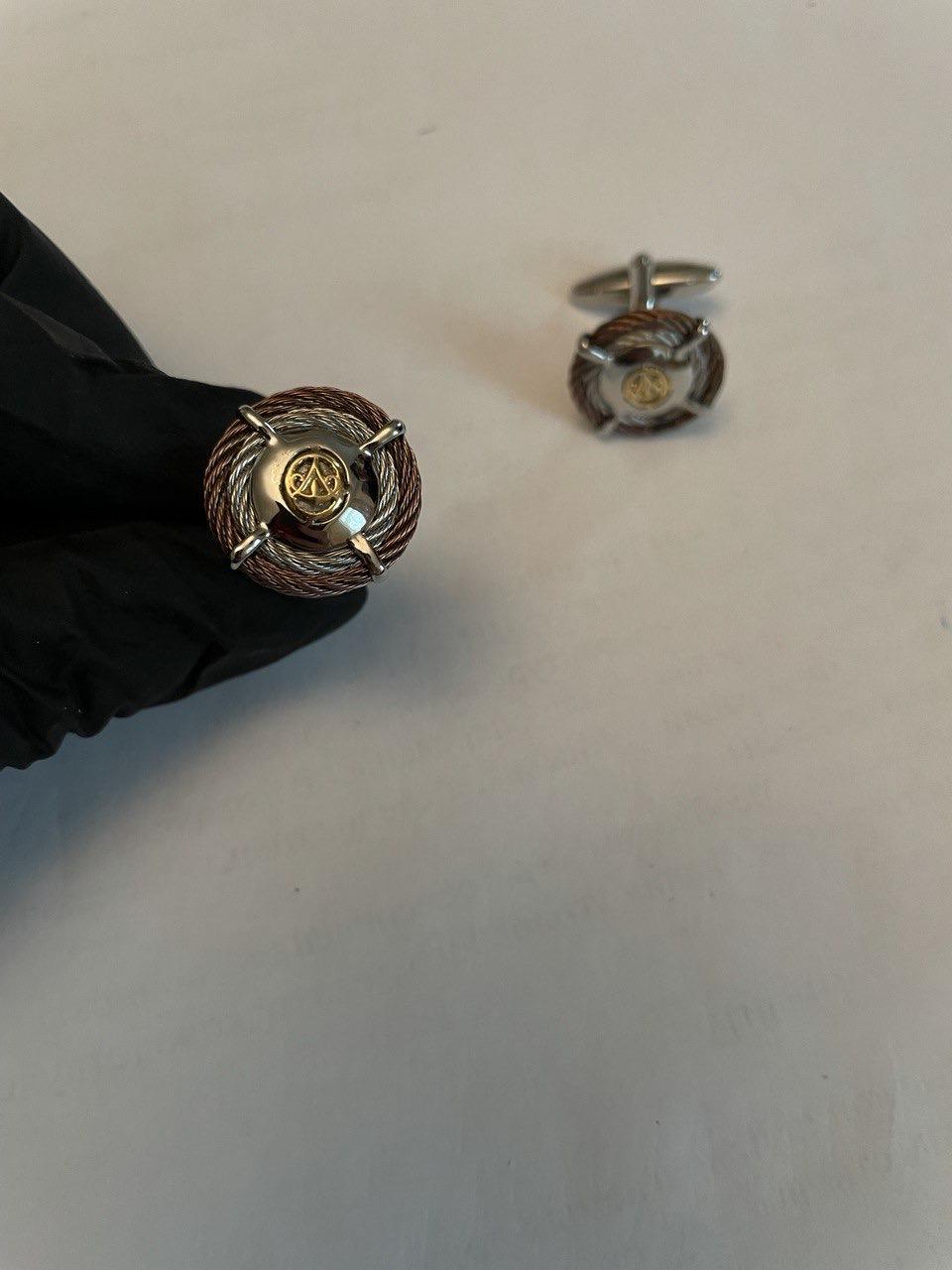 Brown White Steel Cable Row 18 Karat Yellow Gold Statement Twisted Cufflinks