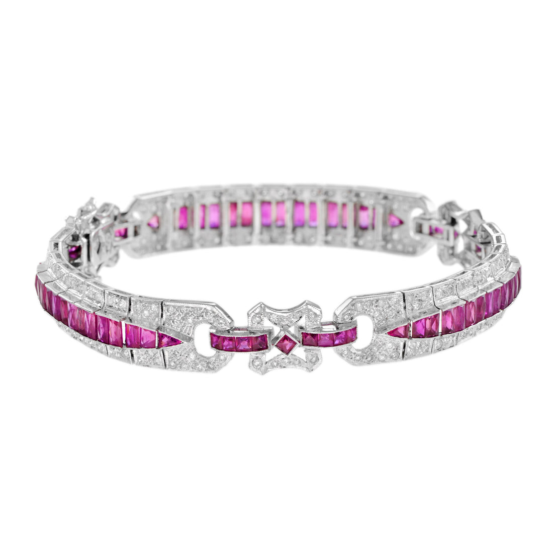 Art Deco Style Pink Red Ruby & Diamond Baguette Tennis 18K White Gold Bracelet