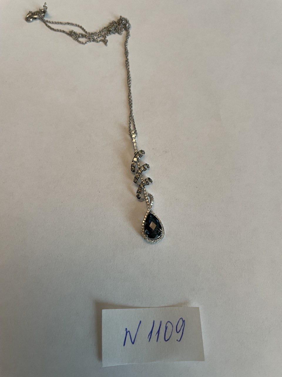 Small Blue Sapphire Pear Drop Diamond Halo Spiral White Gold Pendant Necklace