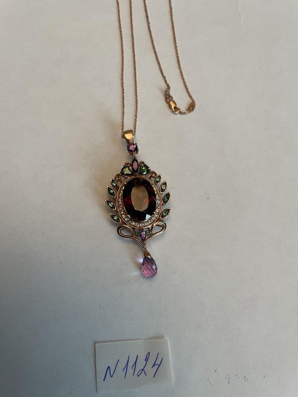 Dark Red Garnet Green Tsavorite Purple Amethyst Gold Diamonds Pendant Necklace