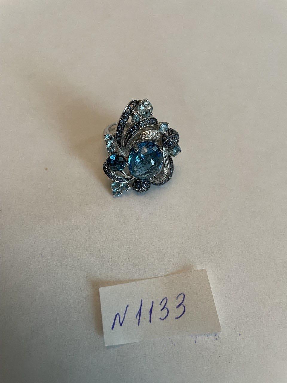 Multi Color Blue Topaz, Blue Sapphire, White Diamonds Pave 14K White Gold Ring
