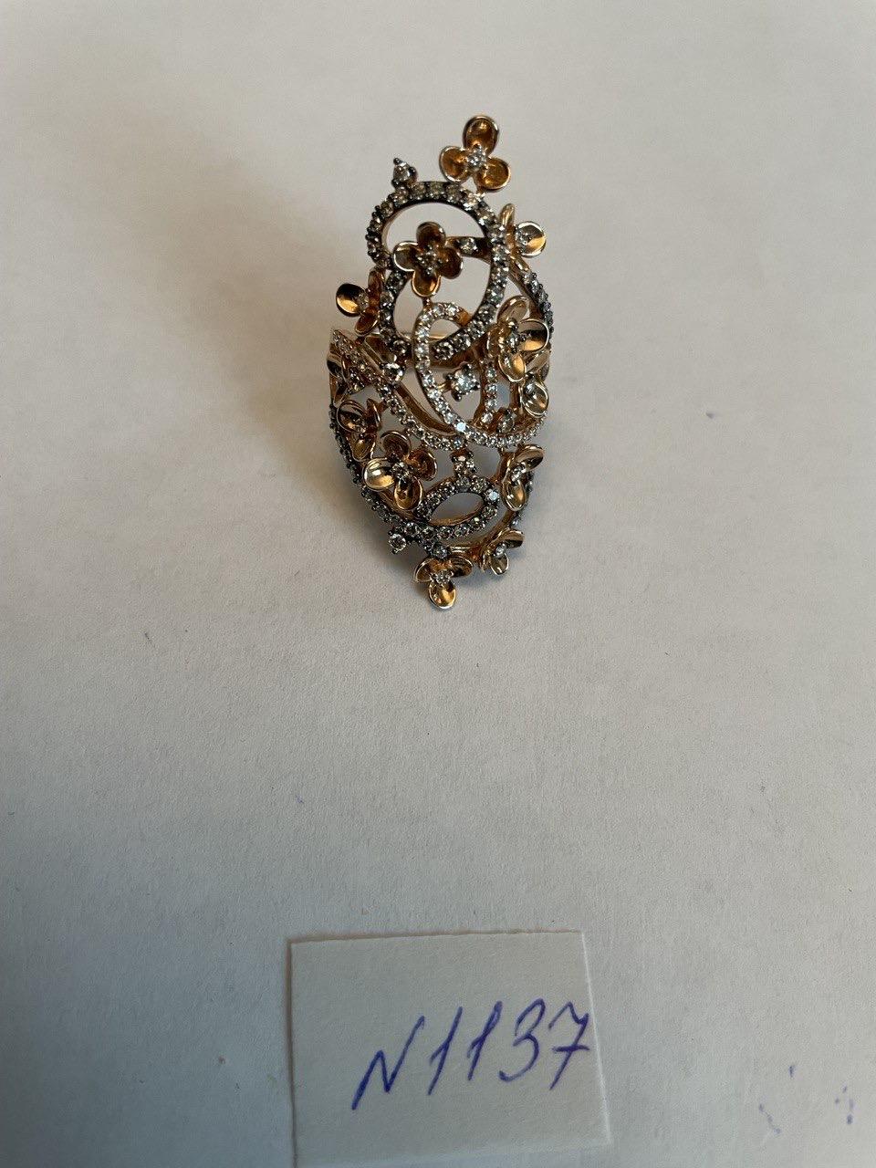 Gold Flower Design Looped White Brown Diamonds Statement Floral Design Full Ring