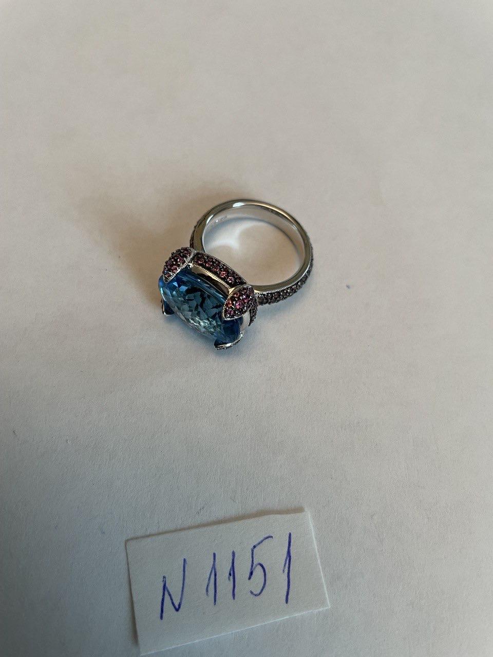 Oval Shape Blue Topaz Pavé Set Pink Sapphires 14K White Gold Band Cocktail Ring