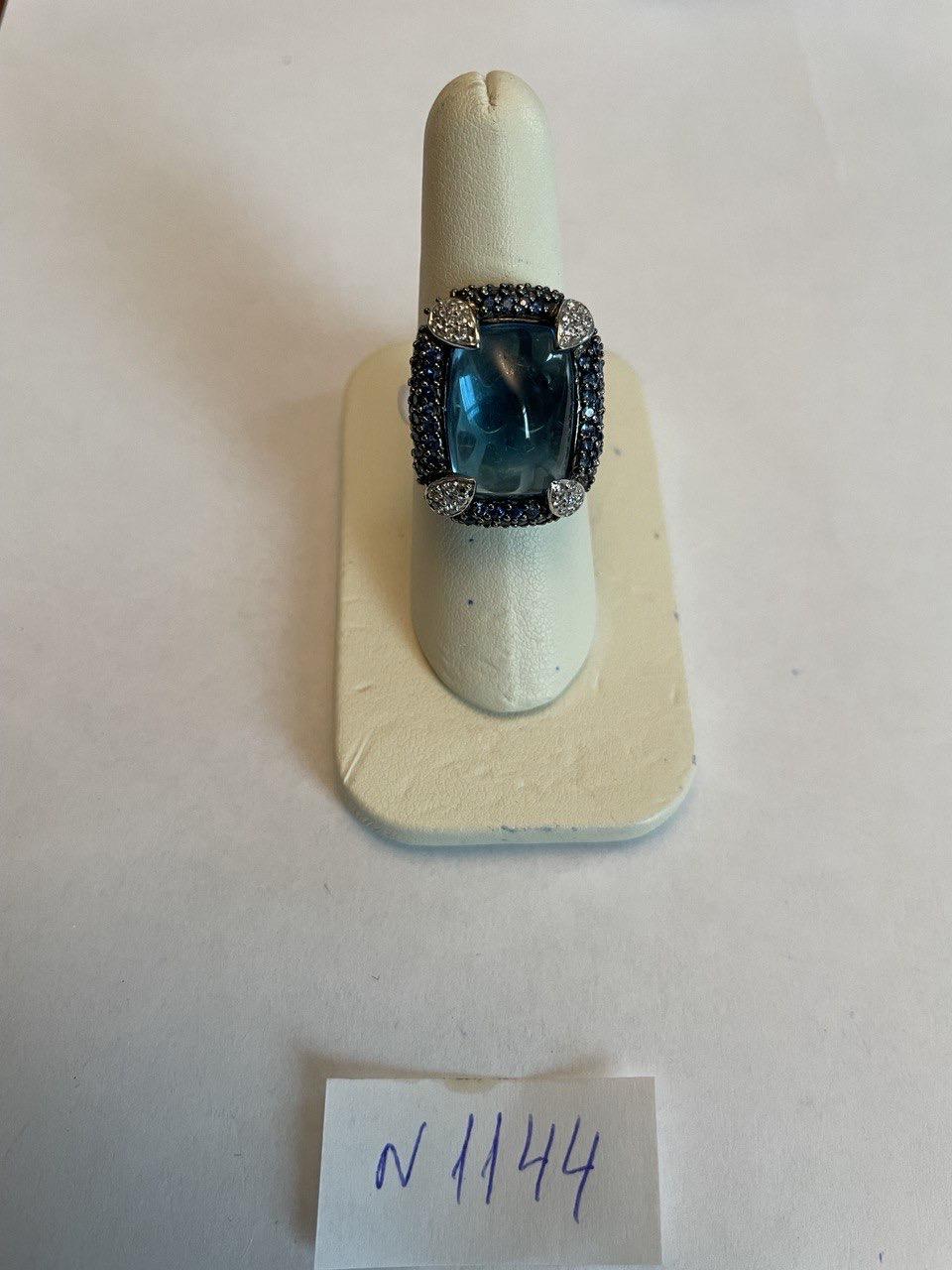 Rectangular Blue Topaz Sugarloaf Cabochon Diamond Blue Sapphire White Gold Ring