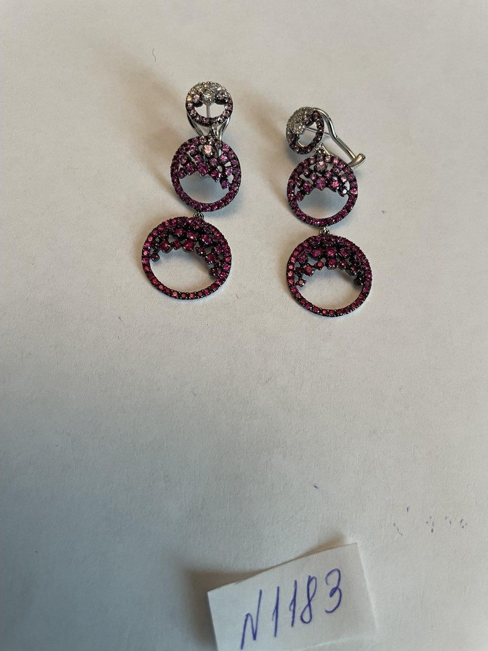 Purple Pink Sapphire White Diamond Pave Set 14k White Gold Dangle Earrings