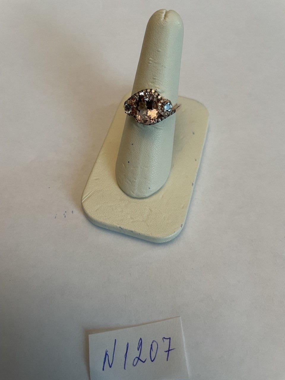 Peach Morganite Blue Topaz Champagne Diamond Halo 14K Rose Gold Side Stone Ring