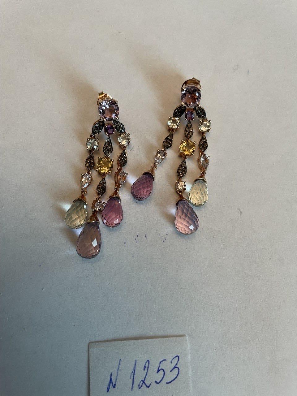 Violet Amethyst Blue Topaz Citrine Green Prasiolite 14K Rose Gold Drop Earrings